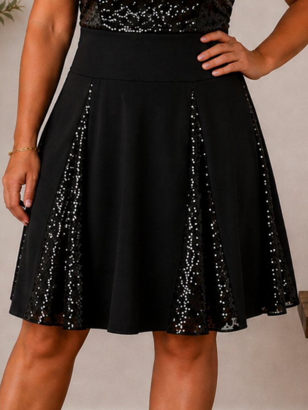 DKNY Sequin Panel Gored Skirt Womens Sz L Full & Flowing